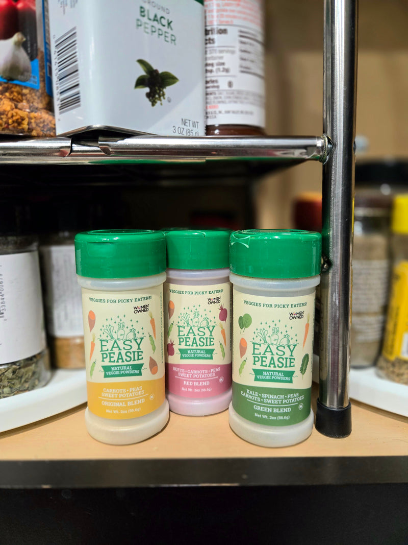 Picture of 3-pack of Easy Peasie veggie powder jars in the spice cabinet