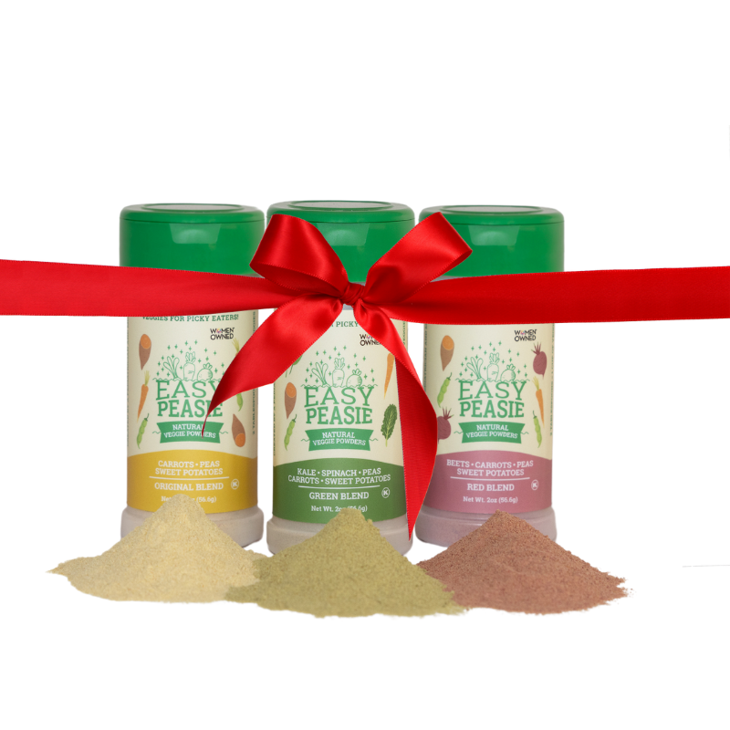 3-pack of Easy Peasie veggie powder jars with a red ribbon