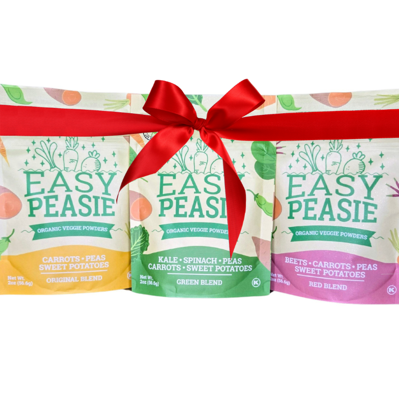 3-pack of Easy Peasie veggie powder pouches with a red ribbon