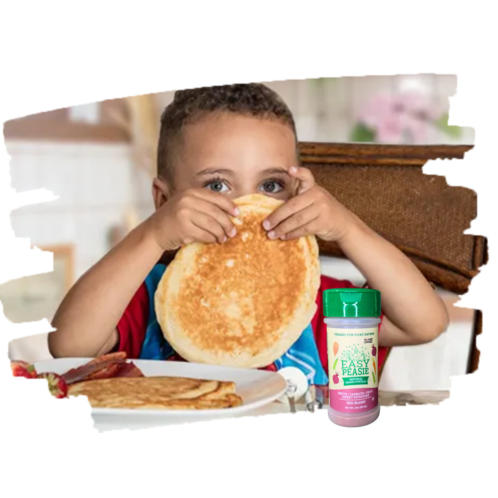 Kid hiding behind pancake with Easy Peasie veggie powder Red Blend