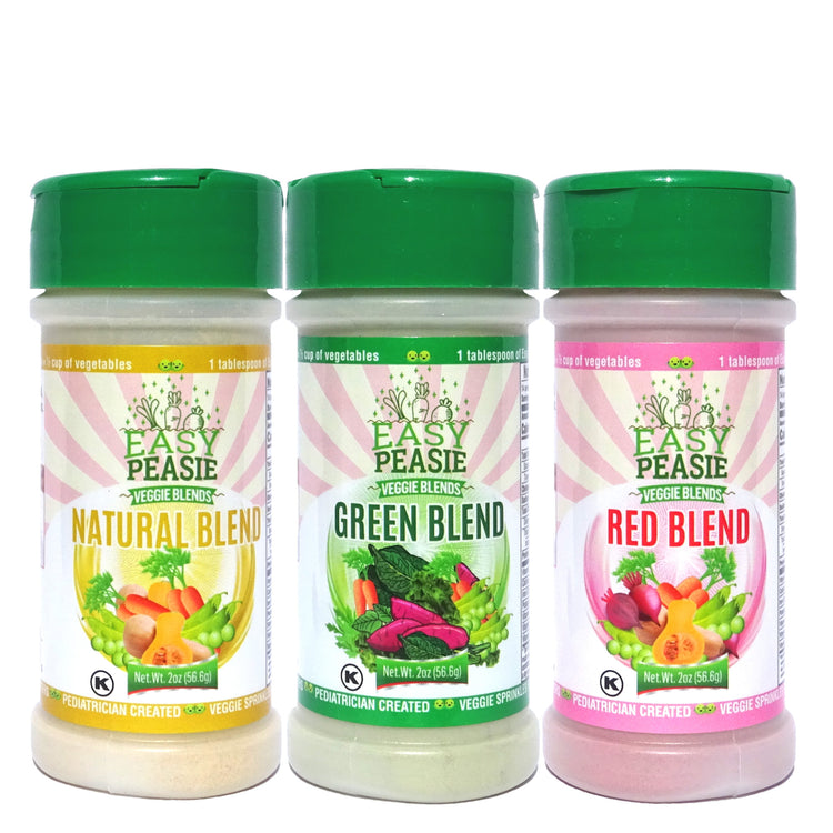 Value 3-pack of Easy Peasie Veggie Blends (vegetable powder blends for picky eaters). Veggie nutrition in a jar.