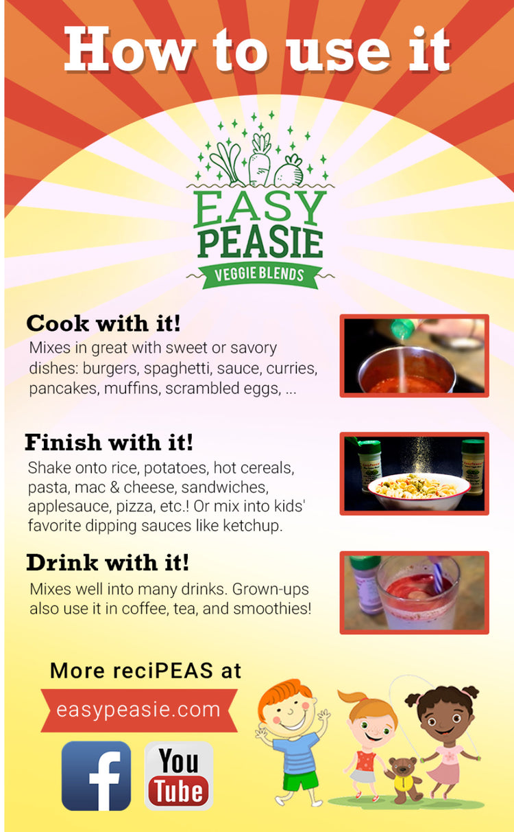 How to use EasyPeasie Veggie Blends. Mixes great with burgers, pizza, eggs, smoothies, mac and cheese, pancakes, and more!