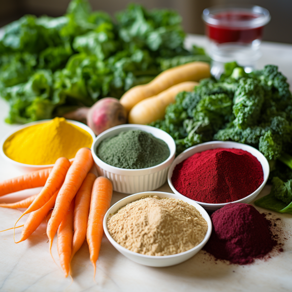 vegetable powders surrounded by fresh vegetables