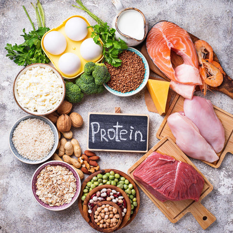 protein sign surrounded by lean protein foods