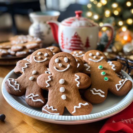gingerbread cookies on a plate with festive background
