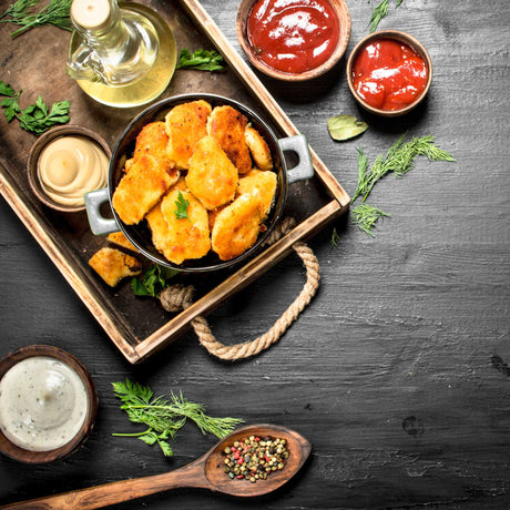 chicken nuggets on a tray with sauces