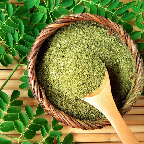 Green powder in a bowl with a wooden spoon