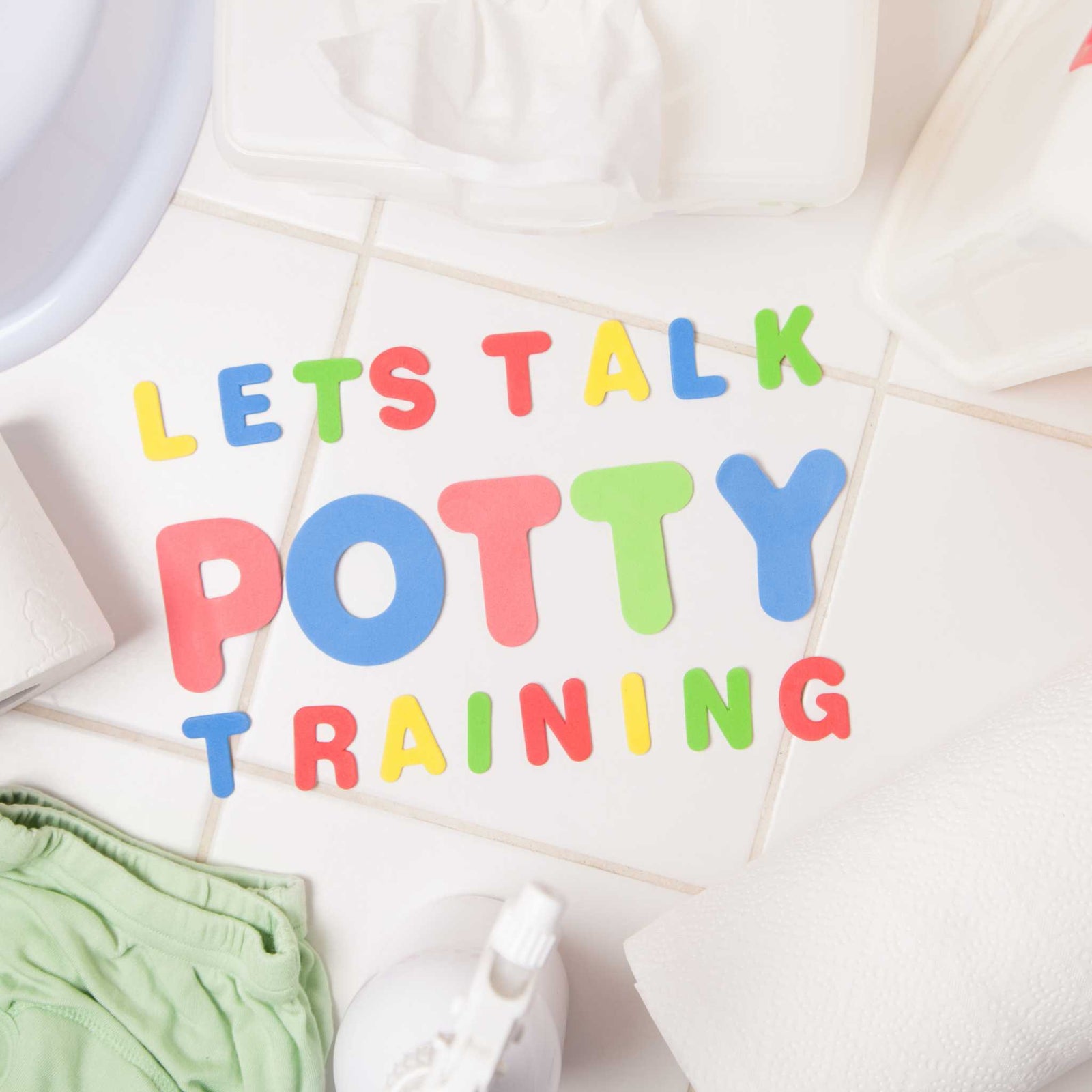 "Let's talk potty training" in colorful letters