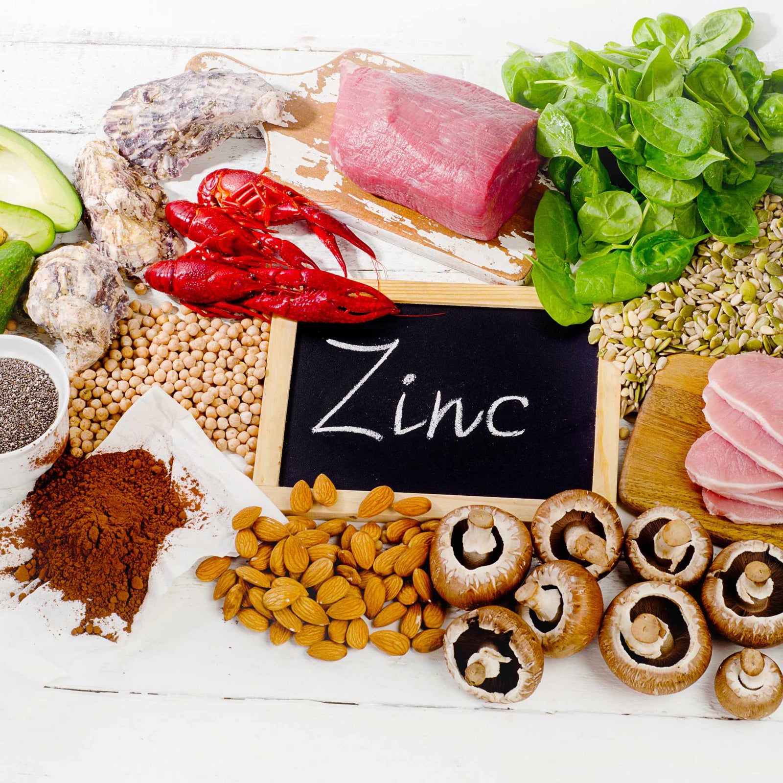 zinc sign surrounded by zinc-containing foods