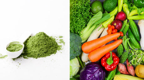 split image of vegetable powder and fresh vegetables