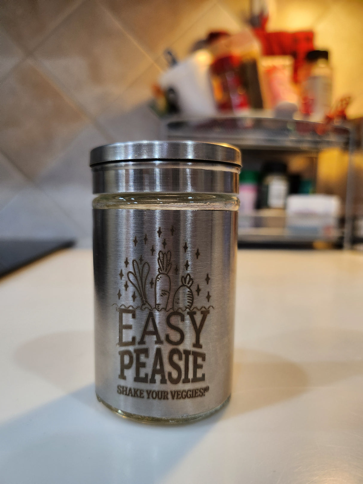 photo of Easy Peasie glass/metal shaker jar