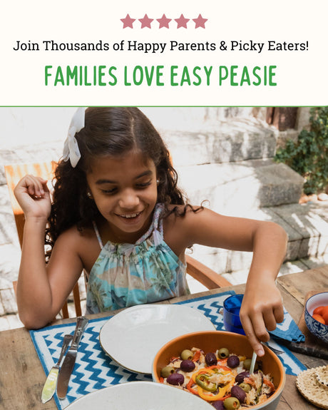 Image of happy girl eating, with text saying Families love Easy Peasie