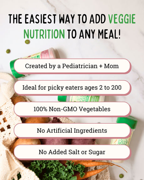 Easy Peasie product packaging with text highlighting features like '100% Non-GMO Vegetables' and 'No Added Salt or Sugar'.