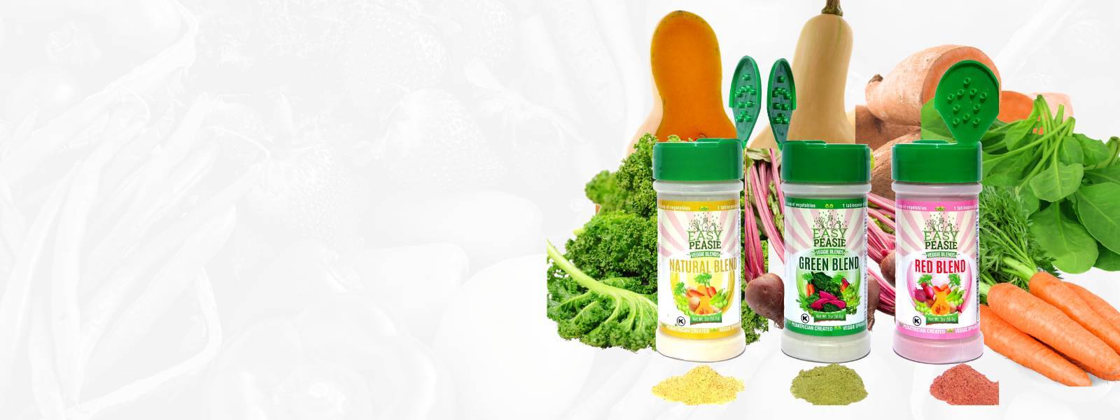 Easy Peasie Veggie Power Blends for picky eaters surrounded by fresh vegetables