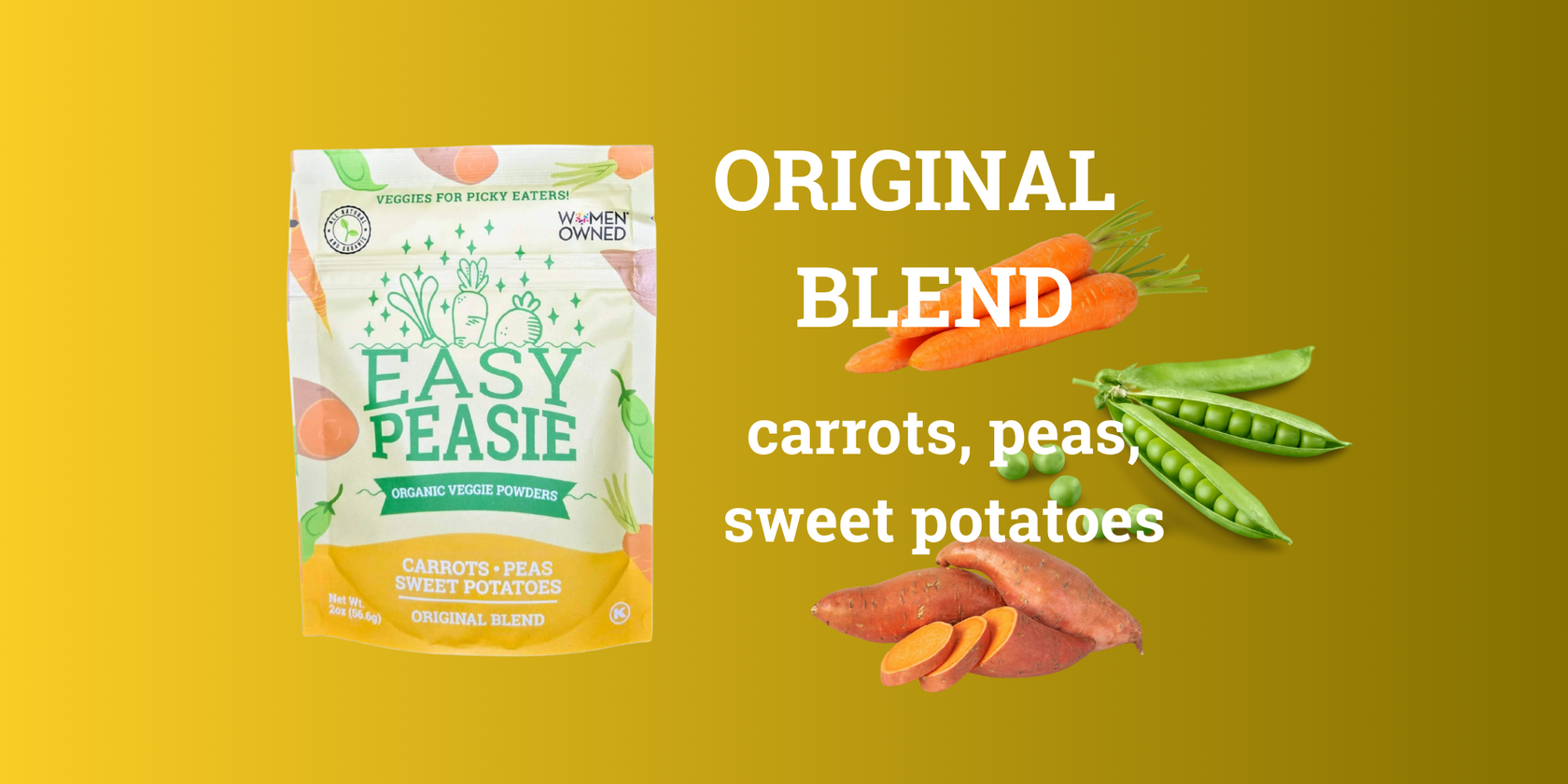 Image of vegetables that are in Easy Peasie Original Blend: carrots, peas, and sweet potatoes