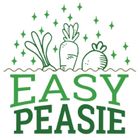 Easy Peasie logo favicon. Sprinkles falling on vegetables growing out of the ground, all above the words Easy Peasie