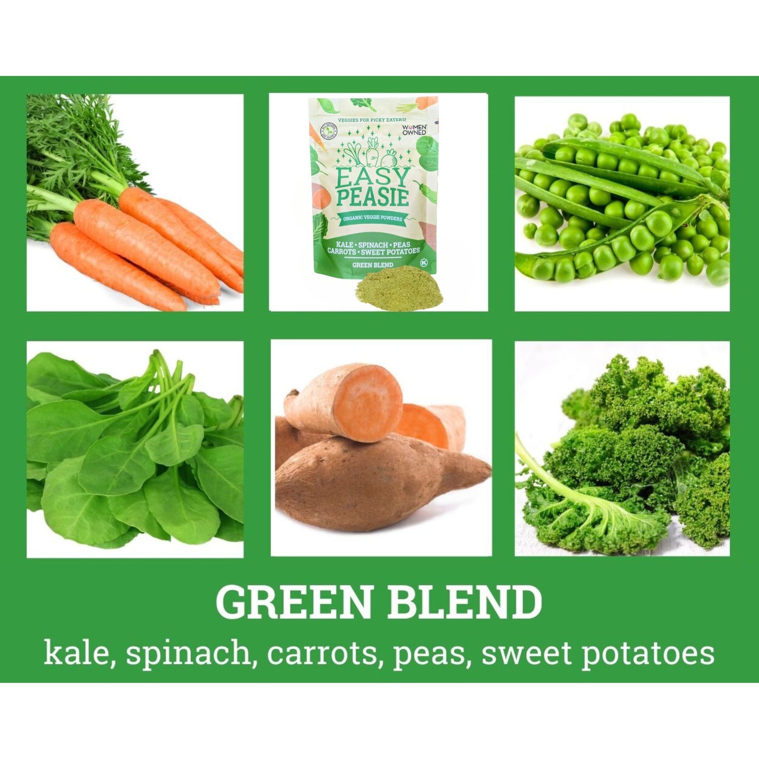 collage of Easy Peasie Veggie Powder Green Blend and vegetable ingredients: kale, spinach, carrots, peas, sweet potatoes