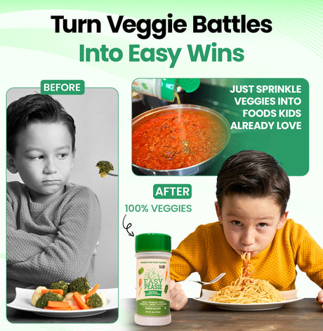 Product advertisement showing a child before and after using Easy Peasie veggie powder, with text 'Turn Veggie Battles Into Easy Wins'.