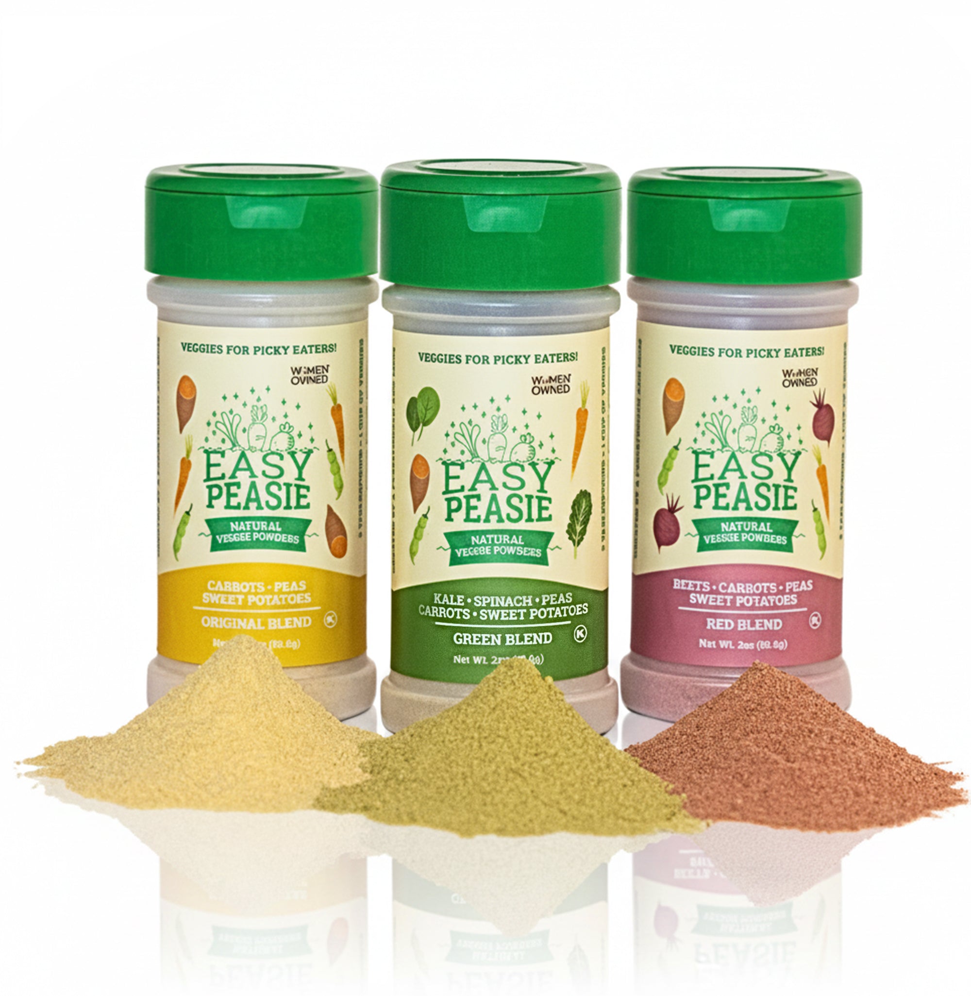 Three jars of Easy Peasie vegetable powders with visible contents on a white background