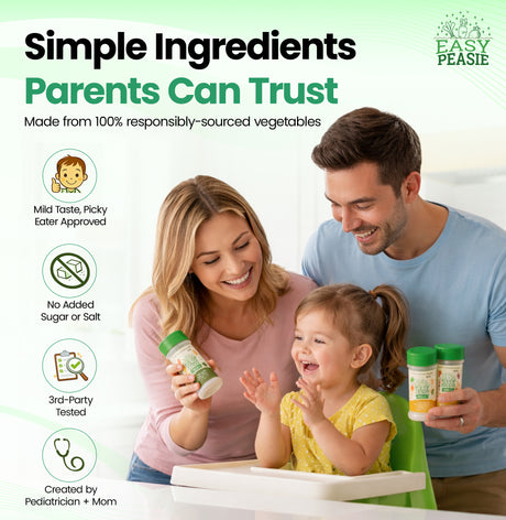 Family with a child and Easy Peasie products, emphasizing simple ingredients and trustworthiness.