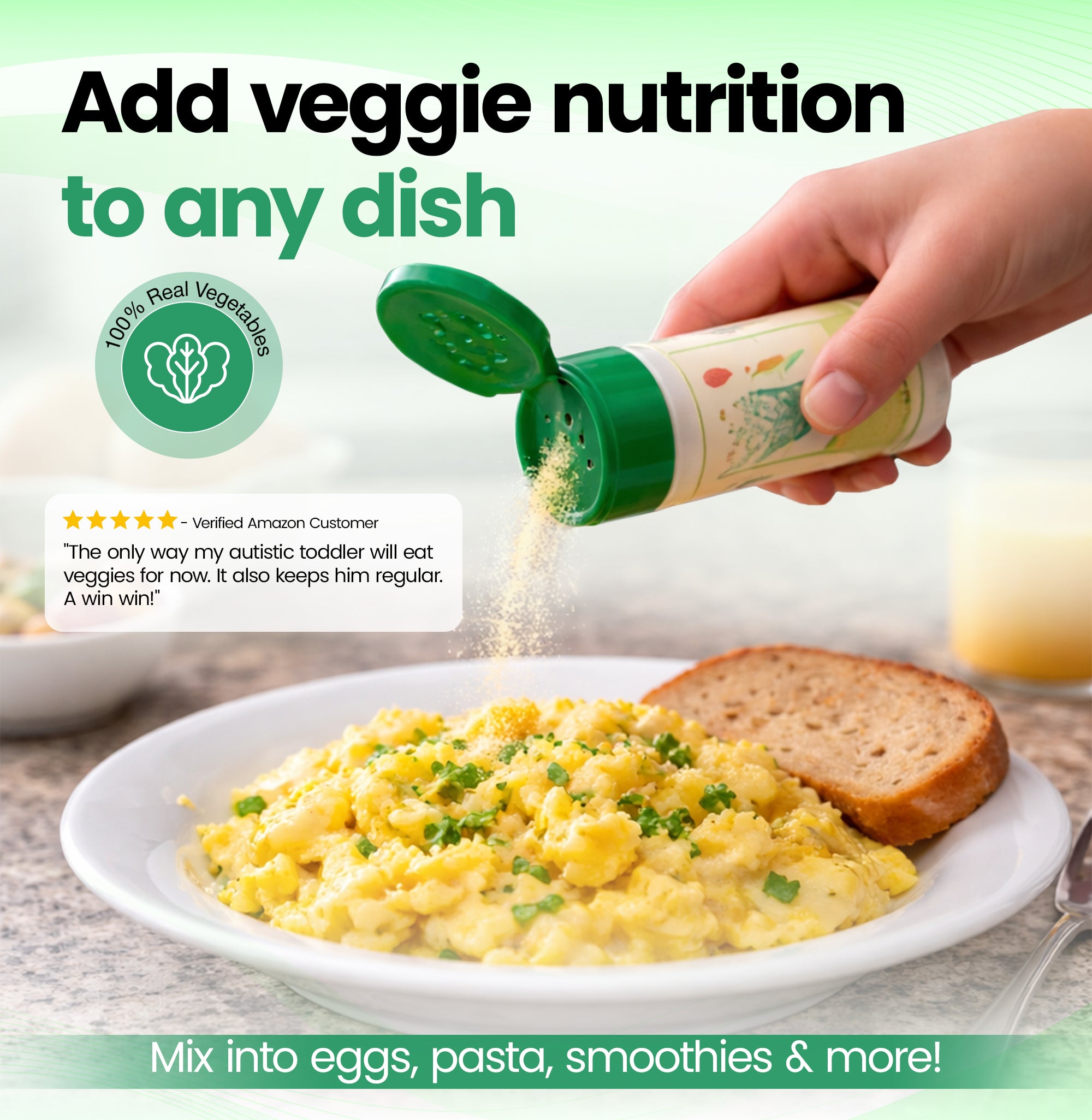 Hand pouring a seasoning container over scrambled eggs with toast, with text about adding veggie nutrition to dishes.
