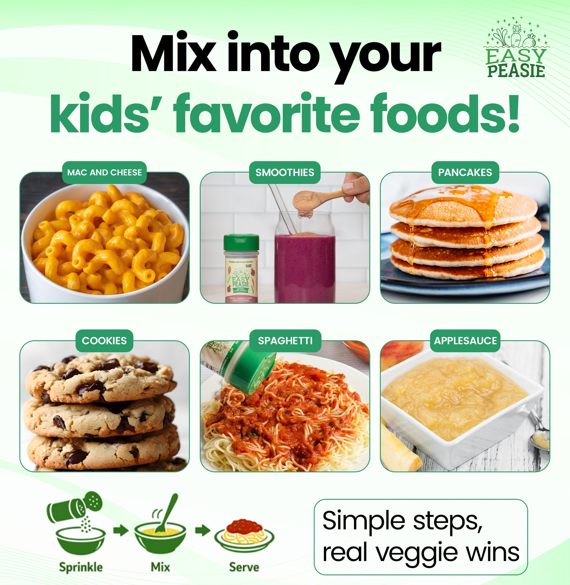 Images of different foods and how to use Easy Peasie veggie powder; and text about mixing into kids' favorite foods.