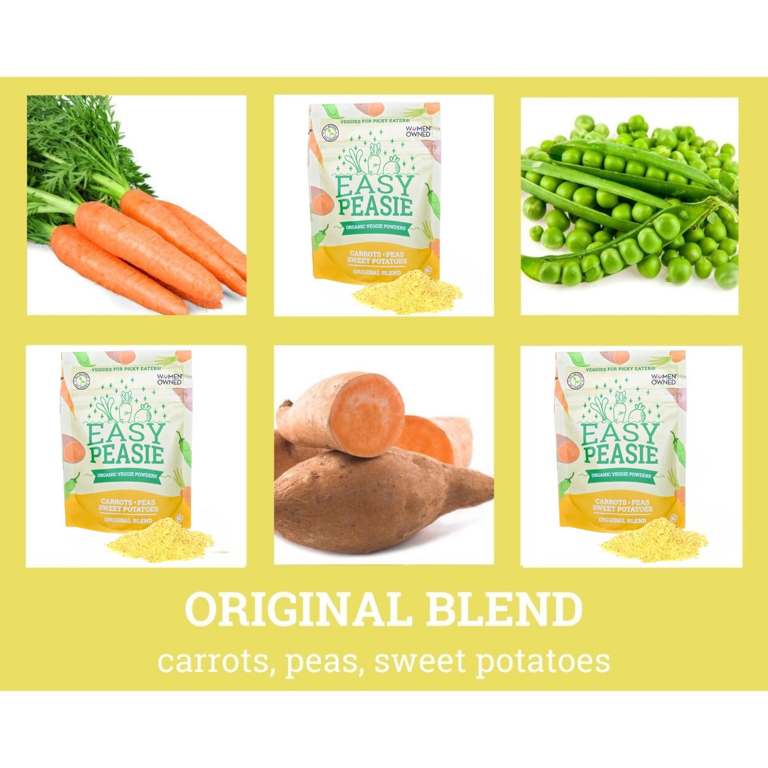 collage of Easy Peasie Veggie Powder Original Blend and vegetable ingredients: carrots, peas, sweet potatoes