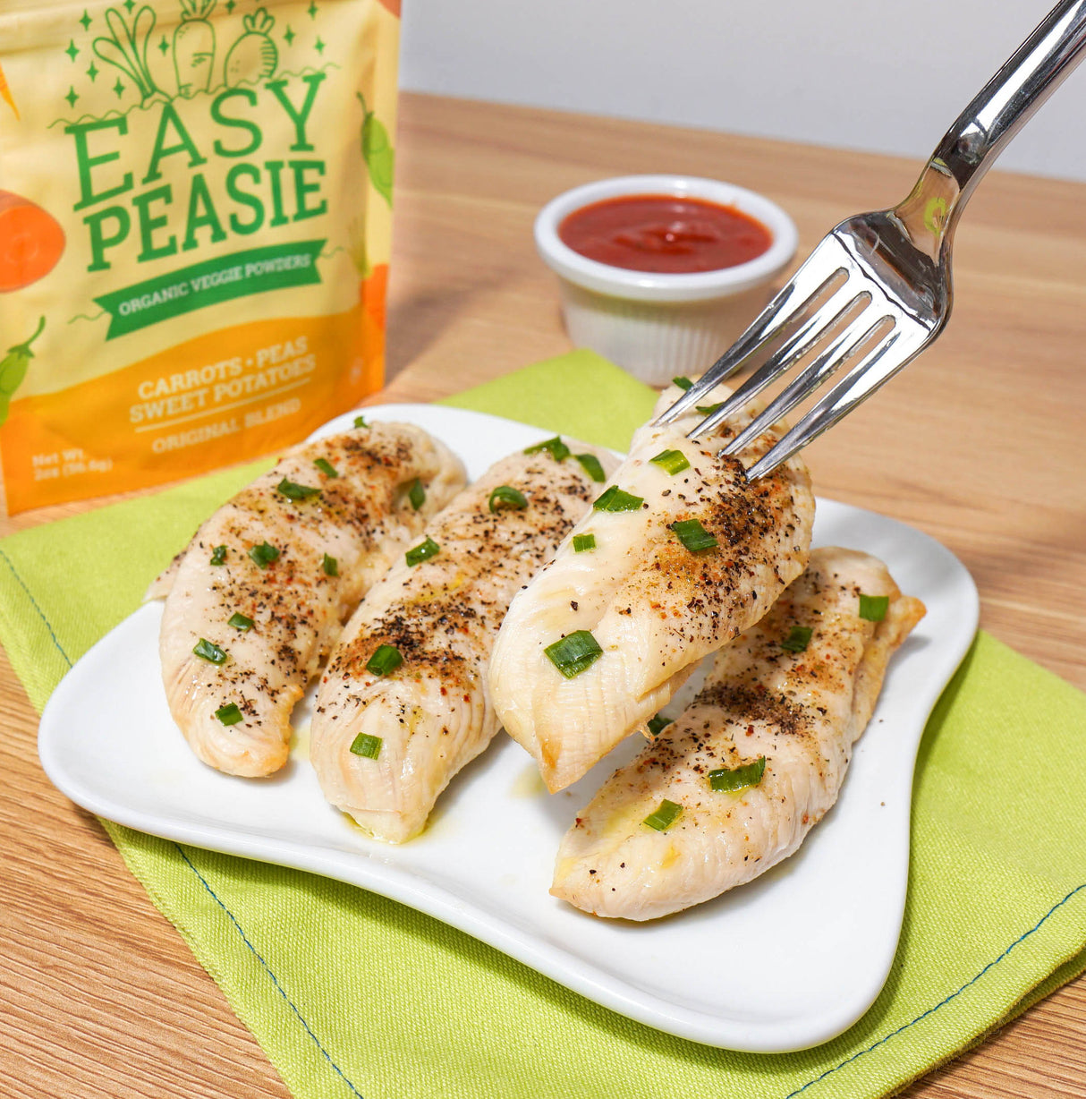 Chicken tenders and Easy Peasie veggie powder Original Blend pouch