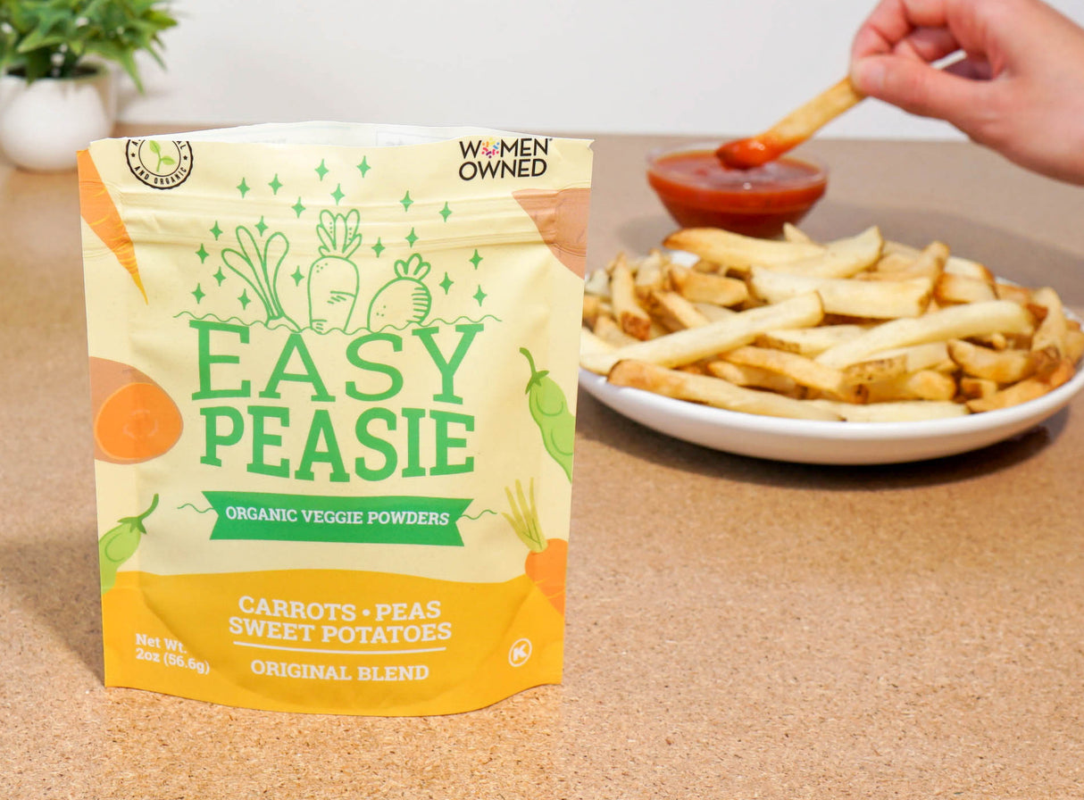 Fries and ketchup, and Spaghetti and Easy Peasie veggie powder Original Blend pouch