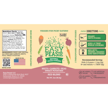 product label for Easy Peasie veggie powder Red Blend 2oz jar