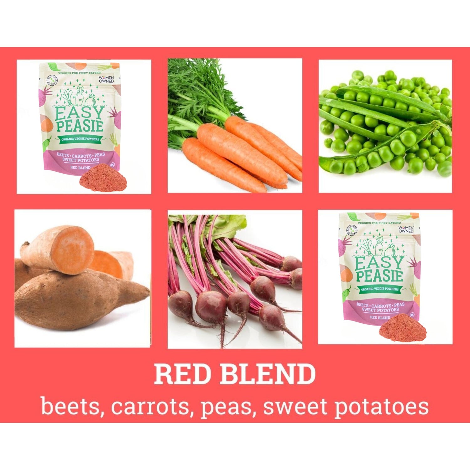 collage of Easy Peasie Veggie Powder Red Blend and vegetable ingredients: beets, carrots, peas, sweet potatoes