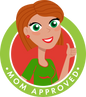 mom-approved badge. Image of a cartoon mom giving a thumbs-up