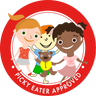 picky-eater approved badge. 3 happy kids and a teddy bear within a red circle