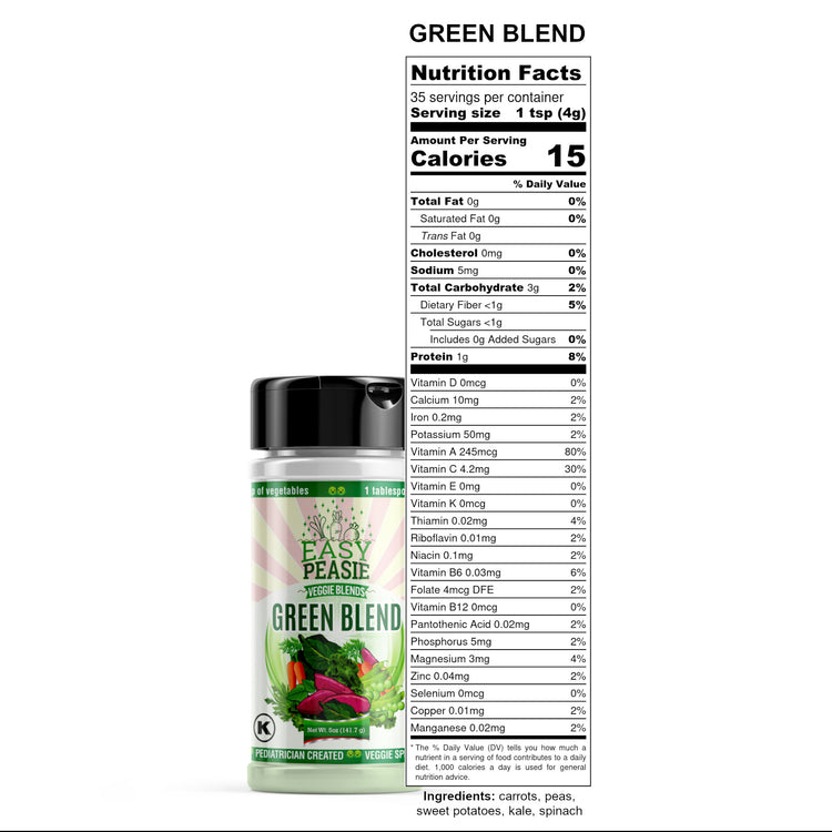 Nutrition Label for Green Blend, EasyPeasie Dried and Ground Vegetables