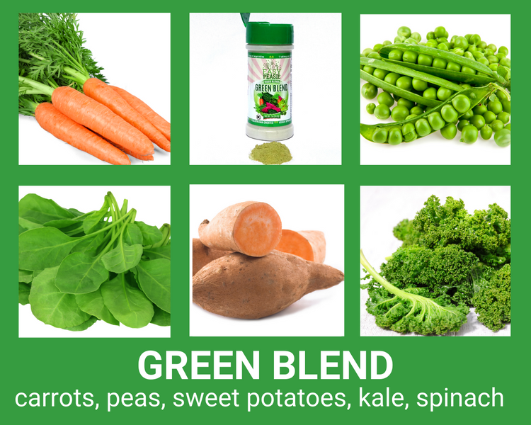 Easy Peasie Veggie Powder Green Blend collage showing ingredients: carrots, peas, sweet potatoes, kale, spinach