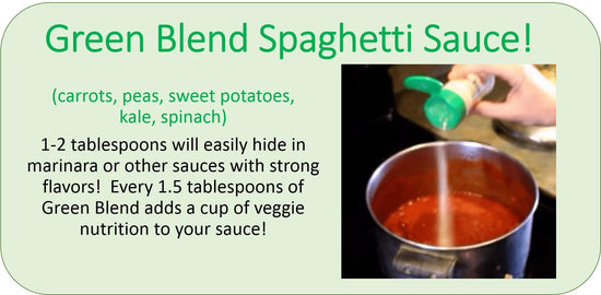 Recipe - Easy Peasie Green Veggie Blend (carrots, peas, kale, spinach, sweet potatoes) and Spaghetti