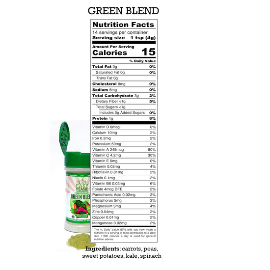 Nutrition Label for EasyPeasie Green Veggie Blend. Vegetable powder (carrots, peas, sweet potato, kale, spinach) for toddlers