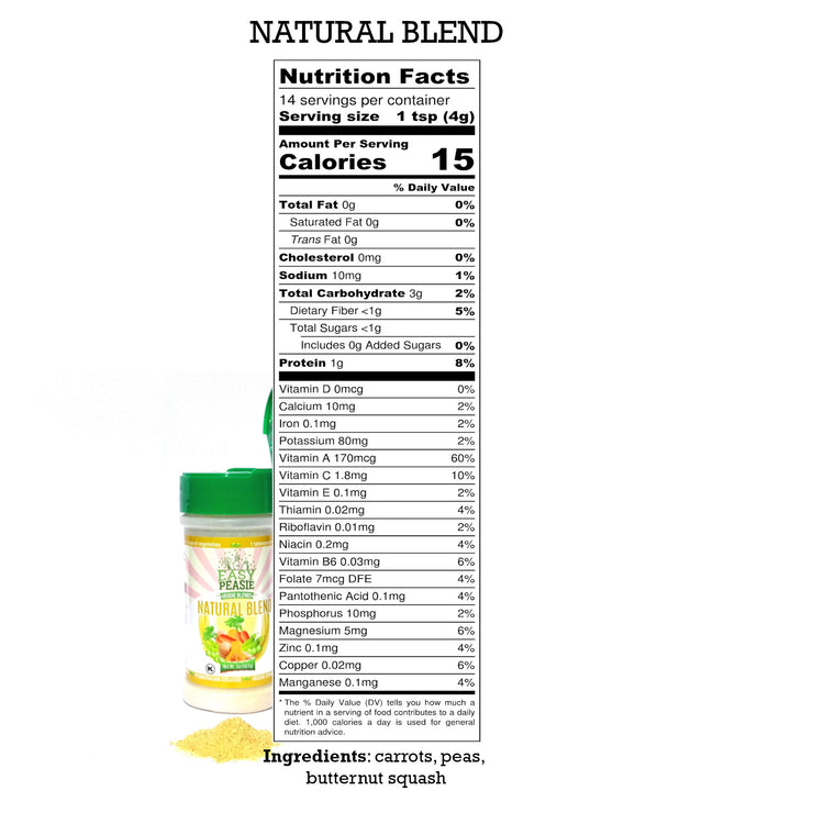 Nutrition Label for Easy Peasie Natural Veggie Blend. Vegetable powder blend (carrots, peas, squash) for toddler nutrition.