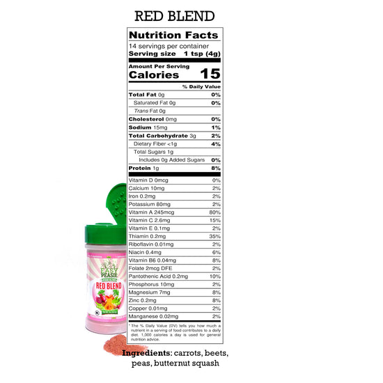 Nutrition Label for Easy Peasie Red Veggie Blend. Vegetable powder (carrots, peas, beets, squash) for toddlers