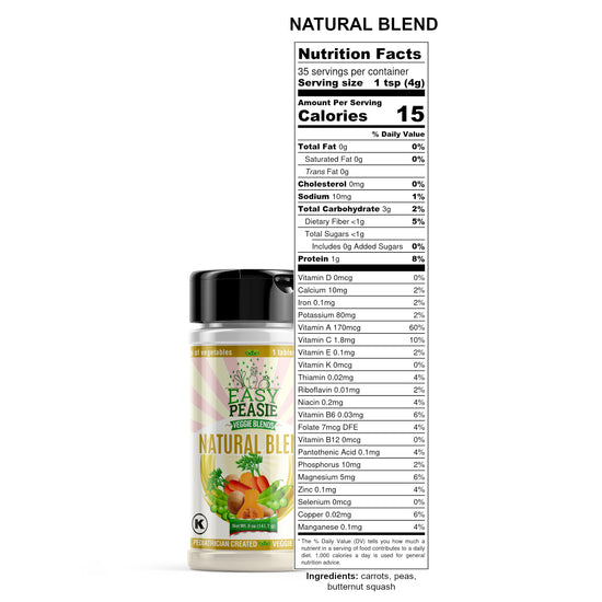 Nutrition Label for Natural Blend, EasyPeasie Dried and Ground Vegetables