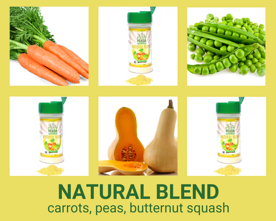 Easy Peasie Veggie Powder Natural Blend collage showing ingredients: carrots, peas, butternut squash