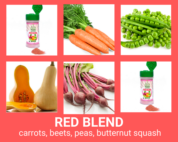 Easy Peasie Veggie Powder Red Blend collage showing ingredients: carrots, peas, beets, butternut squash