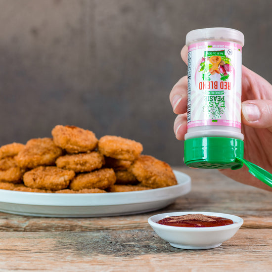 Easy Peasie veggie powder supplement added to chicken nugget sauce for picky and selective eaters. An easy peasy solution for picky eaters